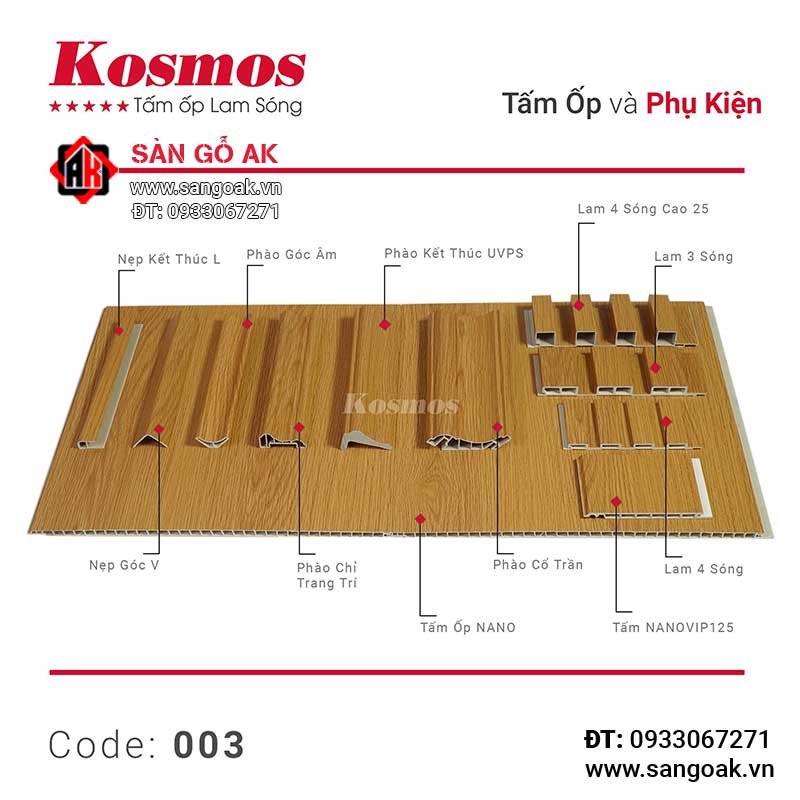 Tấm ốp lam 3 sóng thấp PVC Kosmos 3S200X15-003